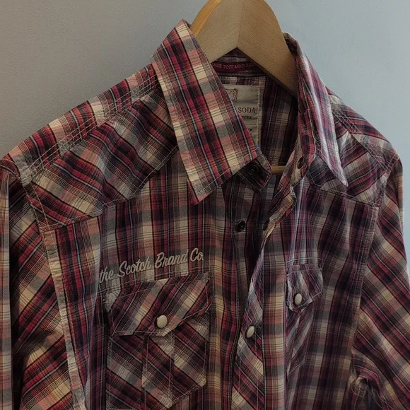 Scotch & Soda Men's Medium Western Long Sleeve Snap Button Down Plaid Shirt - Picture 6 of 16